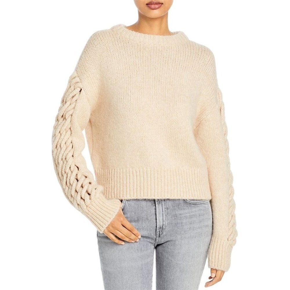 NWOT REBECCA TAYLOR Braided Sleeve Alpaca Sweater Beige Small